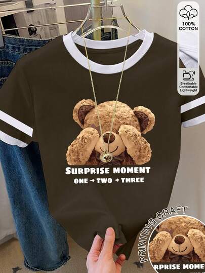 Resyla Women's Round Neck Colorblock Letter & Cartoon Bear Print Short Sleeve Casual T-Shirt