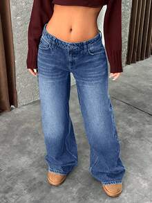 EURMUSE LOW RISE WIDELEG Y2K Streetwear STYLE Denim Blue JEAN Going Out Autumn Winter - Medium Wash - View 5