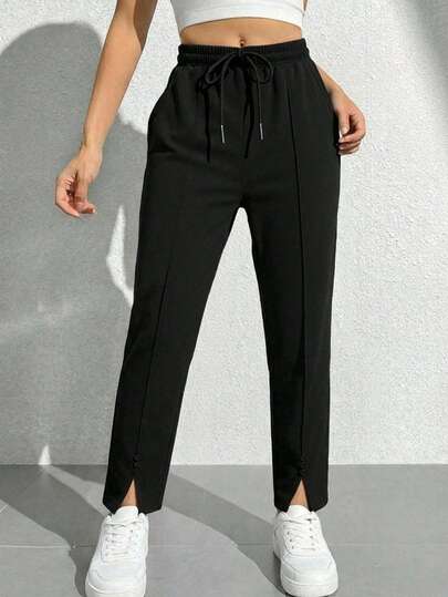 Pantalón semi-entubado para mujer, clásico, casual y elegante, tela de algodón y poliéster, apto para cualquier temporada. Colores lisos sin estampados. Ajuste de cintura natural con resorte ligero y cordón para mejor ajuste, bolsillos funcionales. Fresco, ligero y cómodo.