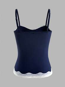 INAWLY Camiseta sin mangas ajustada con lazo y encaje de contraste para mujer, estilo casual de verano - Azul - Ver 2
