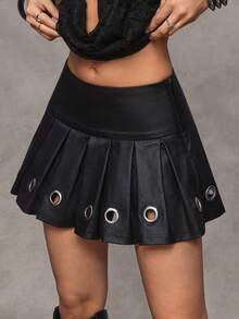 Jeanoix Y2K Women's Coated Mini Pleated Skirt - Black - View 3