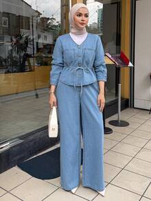 DAZY Women's Casual Belted Shirt With Pockets And Wide Leg Jeans Set, Spring - Medium Wash - View 4