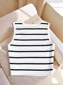 Tween Girls' Striped Crew Neck Casual Versatile Daily Wear Top - White - View 2