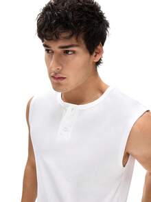 Men's REST ERA White Henley Neck Red & Black Contrast Letter Print Sleeveless Casual Top - White - View 7