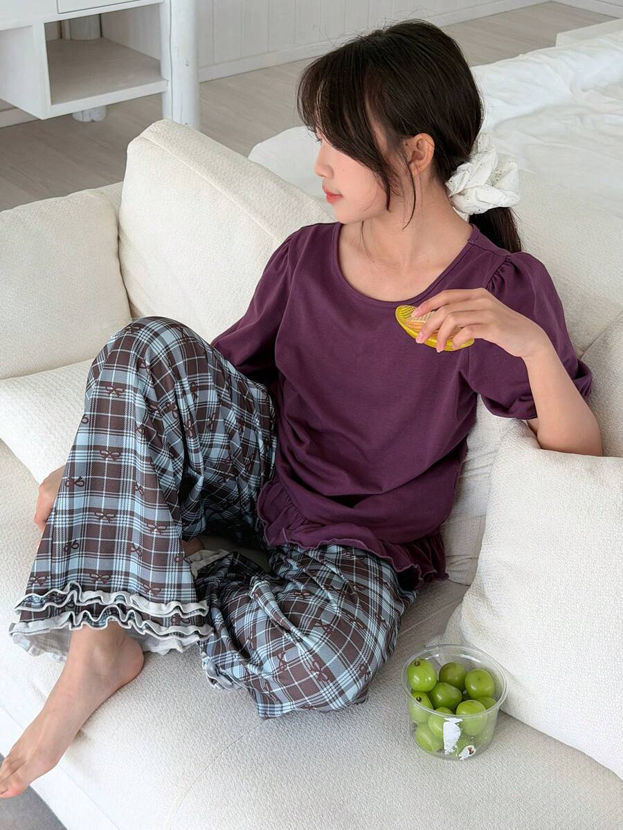 DAZY 少女荷叶边短袖上衣和格子印花阔腿裤睡衣套装,春夏秋季 - 棕色 - 查看 1