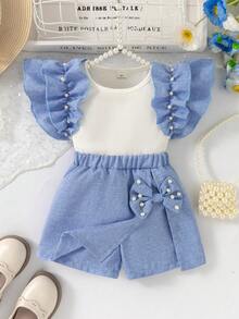 Conjunto casual de verano de 2 piezas para niñas pequeñas con parte superior sin mangas acanalada con volantes de perlas y falda pantalón con lazo de unicolor - Blanco - Ver 1