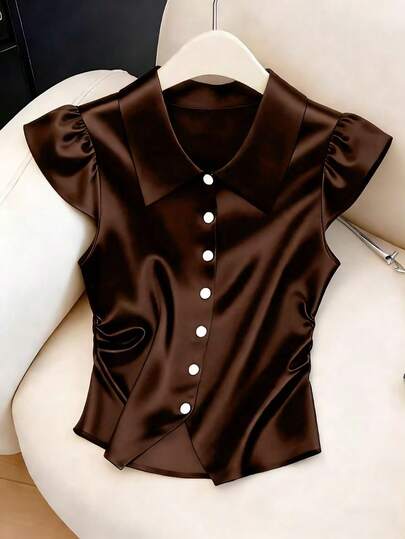 Franclia Women's Elegant Shirts, Brown Tops, Work Shirts, Collared Shirts, Short-Sleeved Shirts, Coffee Brown Shirts, Casual Shirts, Simple And Stylish, Short-Sleeved Shirts, Short-Sleeved Tops, Button-Down Short-Sleeved Shirts, Women's Social Tops, Women's Casual Tops, Summer Holiday Outfits, Outing Outfits, Women's Outdoor Tops, Summer Tops, Women's Summer Outfits