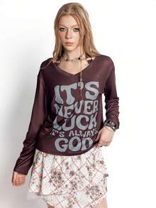 Bloopia 女士针织落肩长袖朋克风吊带系带字母印花上衣 - 酒紅色 - 查看 3