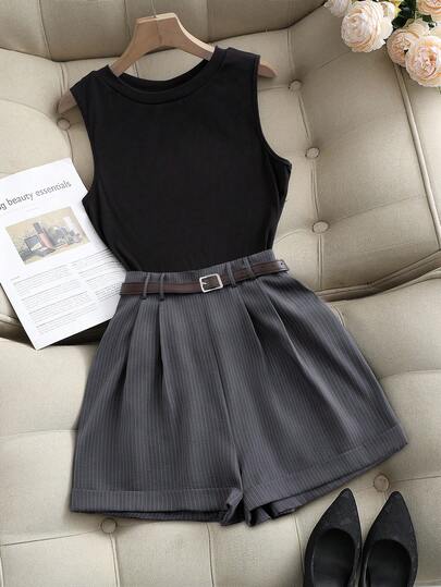 Franclia بدلة قصيرة مخططة رمادية داكنة للمرأة البدينة، طقم أنيق للتنقل، قطعة شيك عتيقة متعددة الاستخدامات، مناسبة للربيع والصيف والخريف، للارتداء في المكتب، كاجوال مهذب