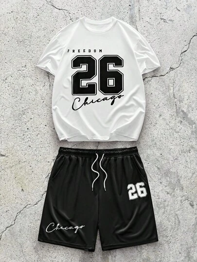 EVRINFINITE 男士休闲运动套装 - 印花T恤和短裤组合，透气涤纶混纺面料，夏季户外服装，夏季足球服，球衣套装