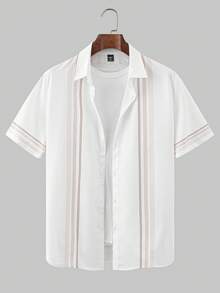 EGENSIO 男士印花翻领纽扣前开襟休闲短袖衬衫，夏季款 - 白色 - 查看 3