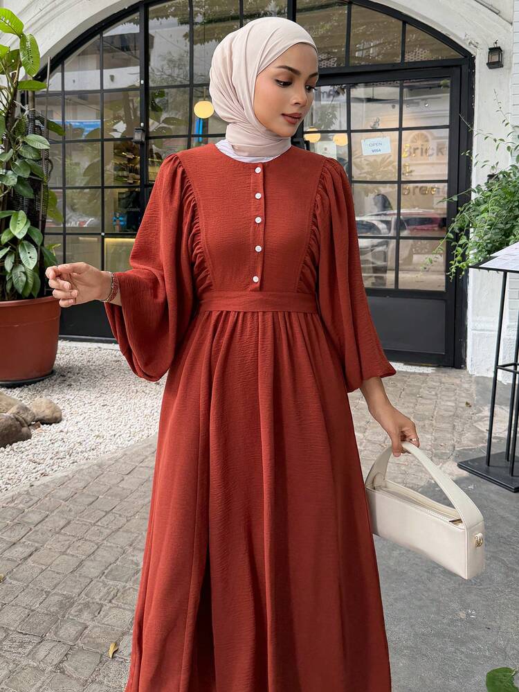 Women's Elegant Solid Color Round Neck Ruched Waist Mid-Length Dress, Spring & Summer