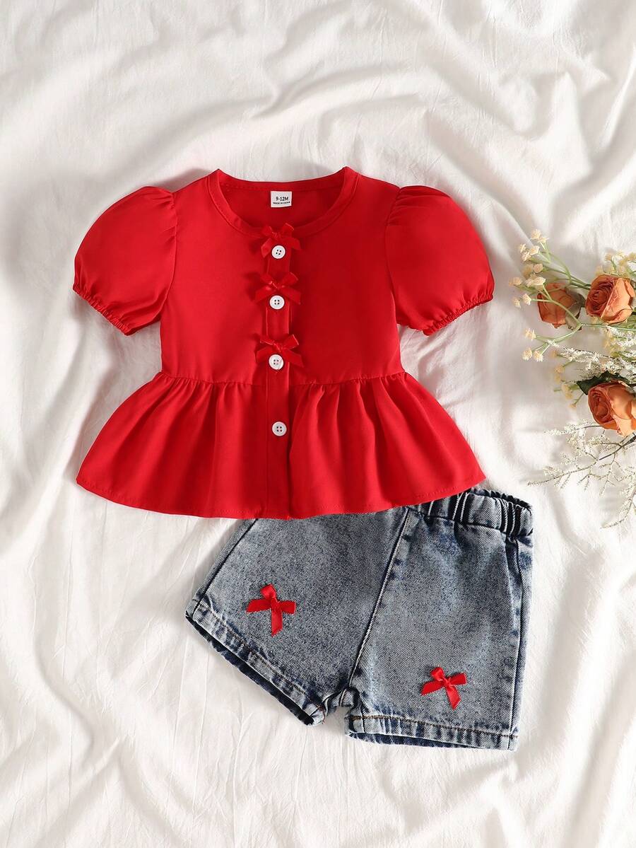 SHEIN Vintaside Kids 2件套女婴夏秋季休闲风蝴蝶结装饰短袖上衣和短裤 - 紅色 - 查看 1