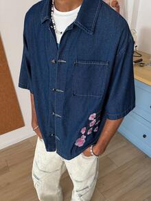 STEELVANCE Men's Casual Floral Embroidered Front Button Dropped Shoulder Loose Denim Jacket, Summer - Blue - View 1