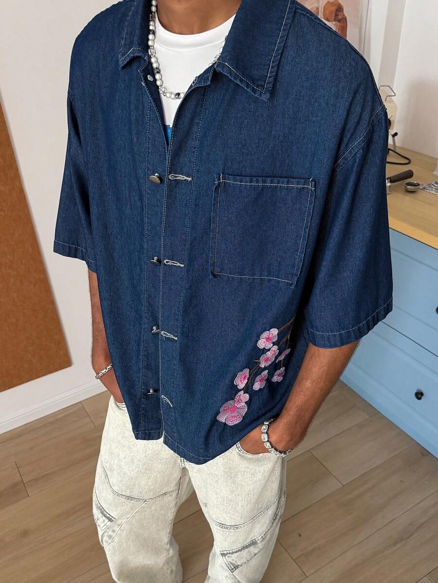 STEELVANCE Men's Casual Floral Embroidered Front Button Dropped Shoulder Loose Denim Jacket, Summer - Blue - View 1