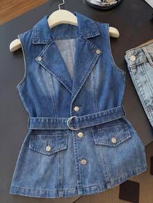 GlowEve 女士休闲翻领单排扣牛仔夹克，日常百搭 - 藍色 - 查看 1