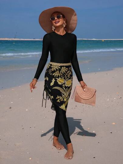 Swim Mulvari 女士纯色长袖拉链连体裤套装，含长裤、花卉网纱罩衫和半身裙