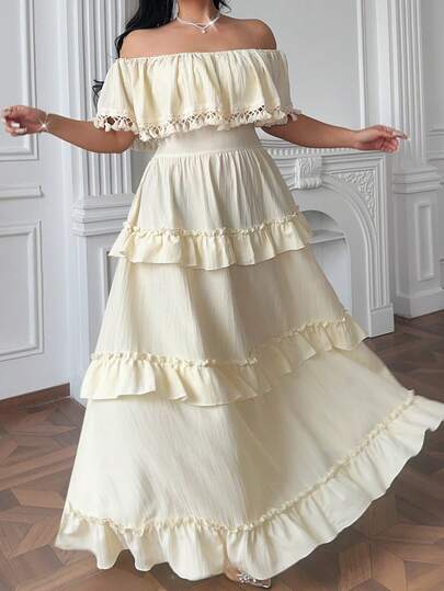 Vibekara Đầm maxi dáng chữ A công chúa, kiểu dáng thanh lịch, cổ điển, giản dị, dễ thương, phong cách nghỉ dưỡng, retro, trễ vai, đính tua rua, họa tiết hoa, viền bèo nhún, dành cho nữ, có kích thước lớn.