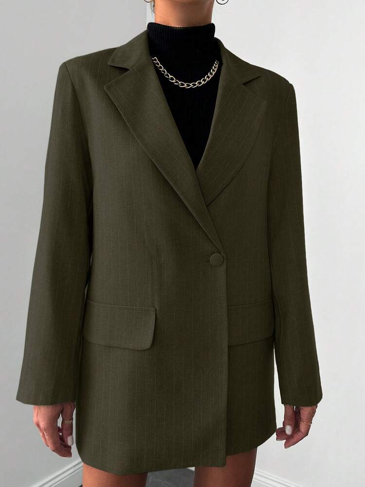 EURMUSE Notched Lapel Pinstripe Blazer - Army Green - View 4