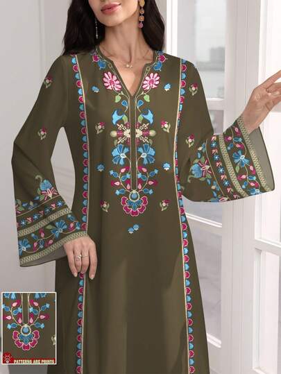 SHEIN Najma Floral Embroidery Print V-Neck Flare Hem Long Sleeve Dress, Elegant Arabic Women's Maxi Dress, Spring/Autumn