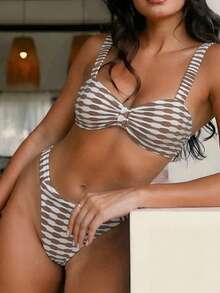 SHEIN Swim Summer Beach Allover Print Knot Front Bikini Set - Coffee Brown - View 1