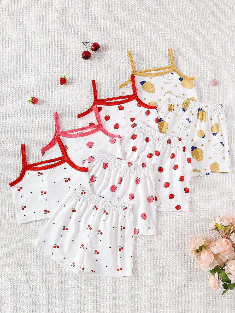 SHEIN Vintaside Kids 8 Stück/Pack Baby Mädchen Kleinkind/Neugeborene 0-3 Jahre Frühling/Sommer Lässig Süß Gestreift Strick Trägerhemd und Shorts Set, Alltags Tragen - Verschiedenfarbig - Übersicht 1