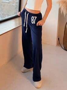 Katetique Grey 87 Embroidered Low Waist Waistband Contrast Ribbed Drawstring Tie Slant Pockets Straight Leg Loose Sweatpants, Casual Homewear, Daily Wear, Retro Sports, Minimalist Design, For Women, Spring/Summer - Navy Blue - View 6