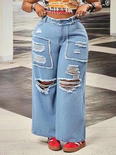 Slaydiva Plus Size Women Spring Cowgirl, Blue Non-Stretch Distressed Sexy Straight Leg Jeans