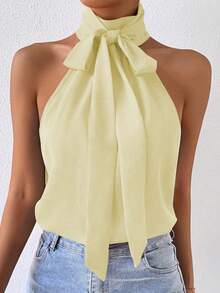 RosyDaze Women's Solid Color Tie-Neck Casual Versatile Daily Wear Shirt - Light Yellow - View 4
