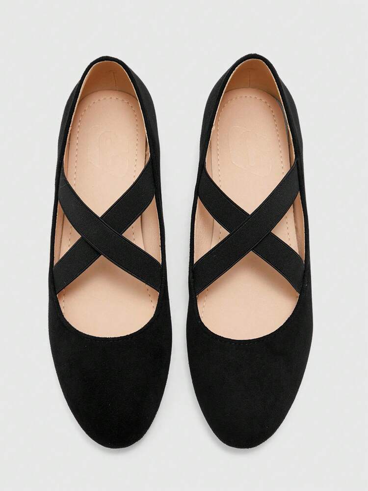 CUCCOO BIZCHIC Women Shoes Round Toe Flat Bottom Black Elastic Cross Strap Women's Flat Bottom Shoes Daily Commuting Comfortable Versatile Flat Bottom Women's Shoes Spring Shoes