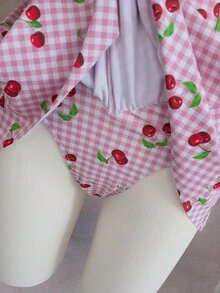 Bellisia 女士最新款时尚吊带泳衣连衣裙，带钢圈，粉色格子樱桃印花，适合春夏海滩穿着 - 粉色 - 查看 5