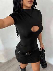 SHEIN SXY Vestido ajustado de verano con decoración hueca en la cintura para mujer, sexy - Negro - Ver 2
