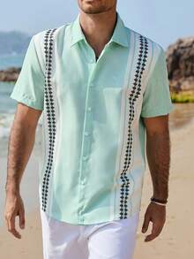 VENTUSAIL Áo sơ mi nam tay ngắn in họa tiết thực vật kẻ sọc, kiểu dáng thường ngày, thích hợp cho kỳ nghỉ và đi làm mùa hè. - màu xanh lá - Xem 4