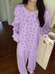 DAZY 2件套可爱小熊波点宽松长袖T恤和长裤睡衣套装，春季女装 - 淡紫色 - 查看 3