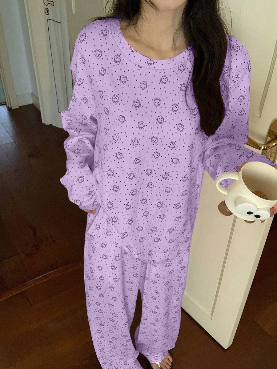 DAZY 2件套可爱小熊波点宽松长袖T恤和长裤睡衣套装，春季女装 - 淡紫色 - 查看 1