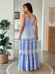 Vionelle 大码蓝色花卉蕾丝边休闲度假连衣裙，春夏款 - 藍色 - 查看 3