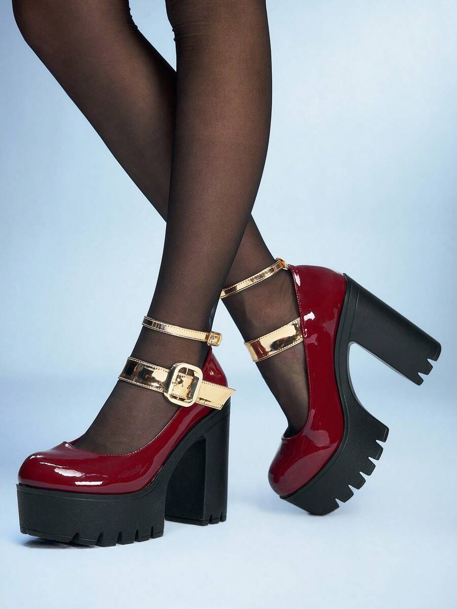 Sugerpunk Women's Sexy Color Block Fashion Thick Heel Platform Block Heels, Spring/Fall Fashion Solid Color Metallic Double Buckle Adjustable Back Straps Ankle Strap Party Outfit Date Mary Jane High Heel Flat Shoes - Burgundy - View 1