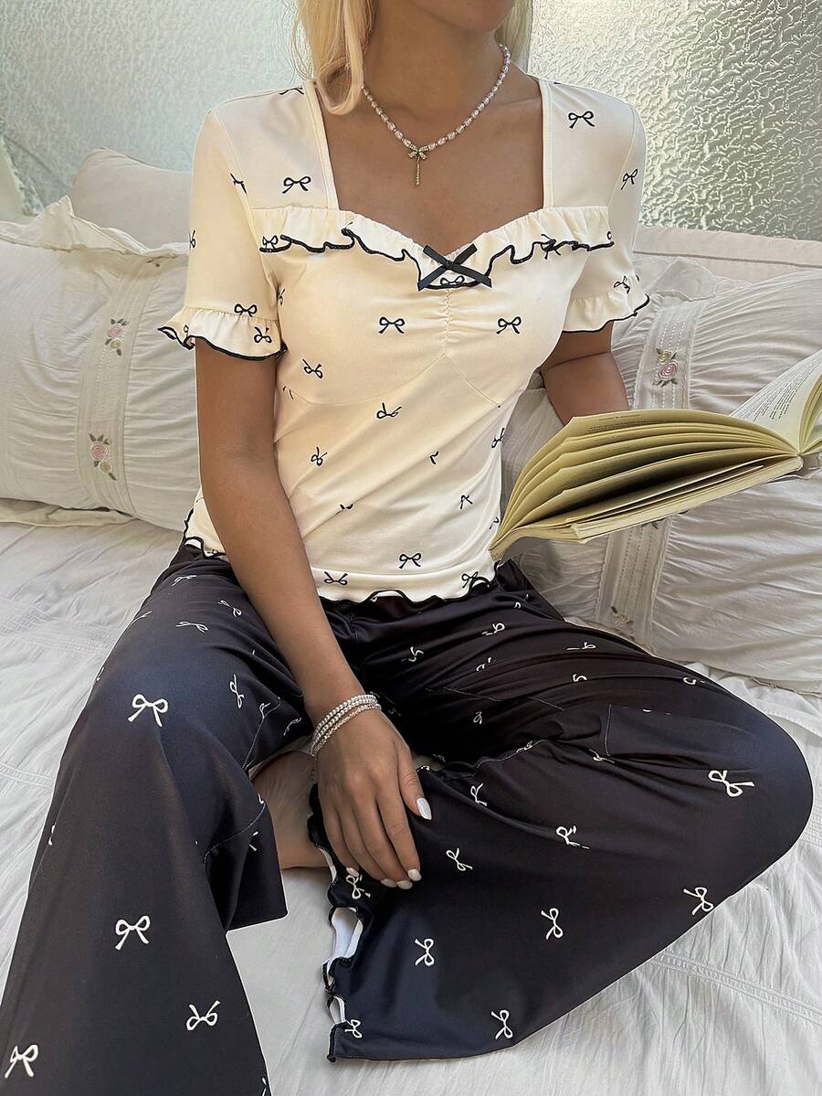 SHEIN 蝴蝶结印花短袖睡衣套装 - 彩色 - 查看 1