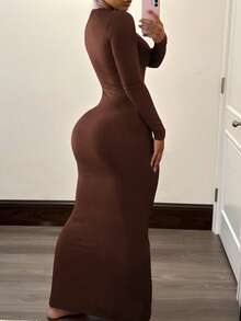 INAWLY Gaun Maxi Wanita Warna Polos Lengan Panjang Pas Badan Elegan Cokelat untuk Musim Gugur, Musim Semi dan Musim Panas - Kopi - View 2
