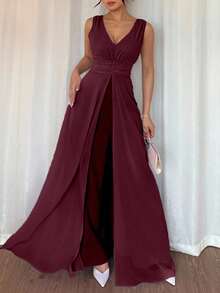 Rafferiza 优雅 V 领褶腰珍珠雪纺阔腿连体裤，适合婚礼宾客着装，紫色 - 酒紅色 - 查看 4