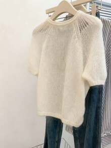 SHEIN Plus Size Solid Color Round Neck Short Sleeve Knit Top, Autumn - Apricot - View 2