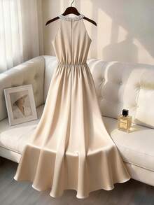 Lyxana 女士香槟色缎面露背珍珠系带修身优雅中长连衣裙，通勤奢华设计，春夏款 - 香檳色 - 查看 2