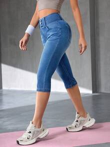 Flexra Women's Button Waist Design Pocket Skinny Capri Jeans - Blue - View 5