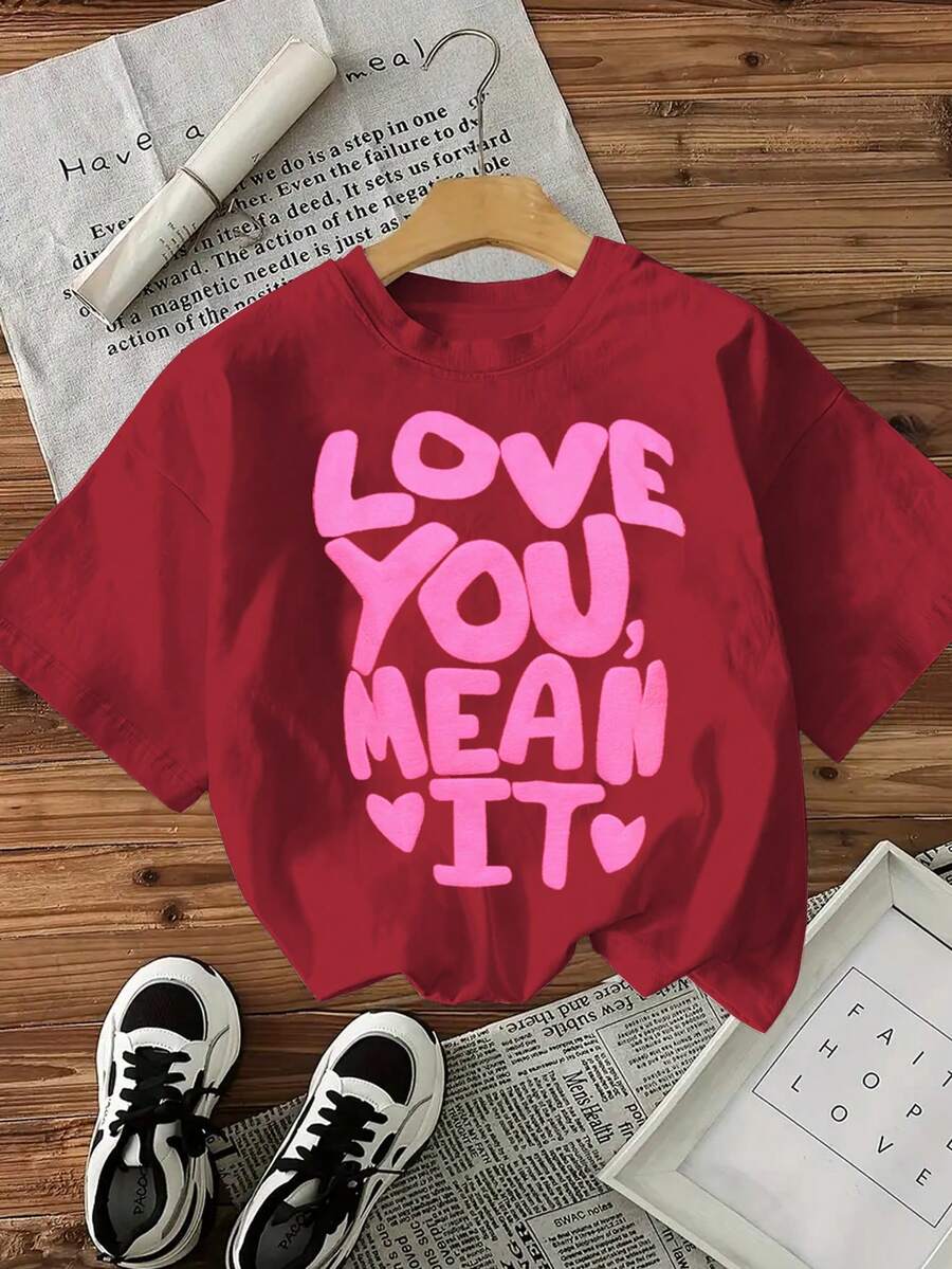 Women's Casual Letter Print Round Neck Short Sleeve T-Shirt, Summer - Red - View 1