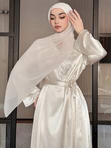 DAZY Women's Elegant Lace Patchwork Belted Loose Dress With Headscarf, 2 Pieces Set, Spring/Summer - Beige - View 4