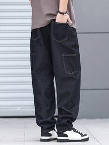 Manfinity Hypemode Stylish Men's Dark Wash Tapered Denim Jeans Casual Plain Zipper Long Pants - Dark Wash - View 2