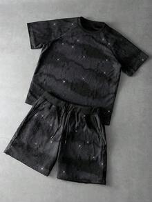 Manfinity Roghcode 2pcs/Set Men's Streetwear Black Glitter Summer City Break Short Sleeve T-Shirt And Drawstring Shorts,Knit Starry Print Distressed Rapper Costume - Black - View 3