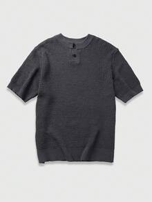 ROMWE MEN Essentials Camiseta de punto de manga corta de unicolor casual y para uso diario, verano - Gris Oscuro - Ver 3