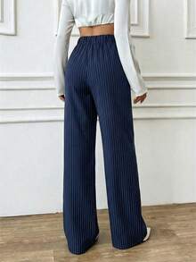 Pariaura Women's Elegant Navy Blue And White Striped Trousers,Autumn Office Fashion Straight Wide-Leg Pants,Simple Casual Commuting Versatile Pocket Trousers - Navy Blue - View 3