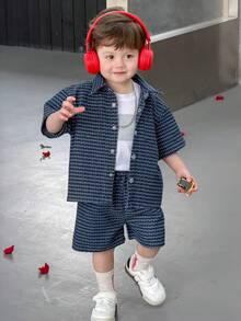 DAZY Bộ quần áo mùa hè kiểu Hàn Quốc mới bằng vải denim jacquard cho bé trai, set 2 món đa năng, thoải mái. - Màu xanh lam - Xem 5